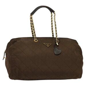 PRADA Boston Bag Nylon Brown Gold Auth sw1308